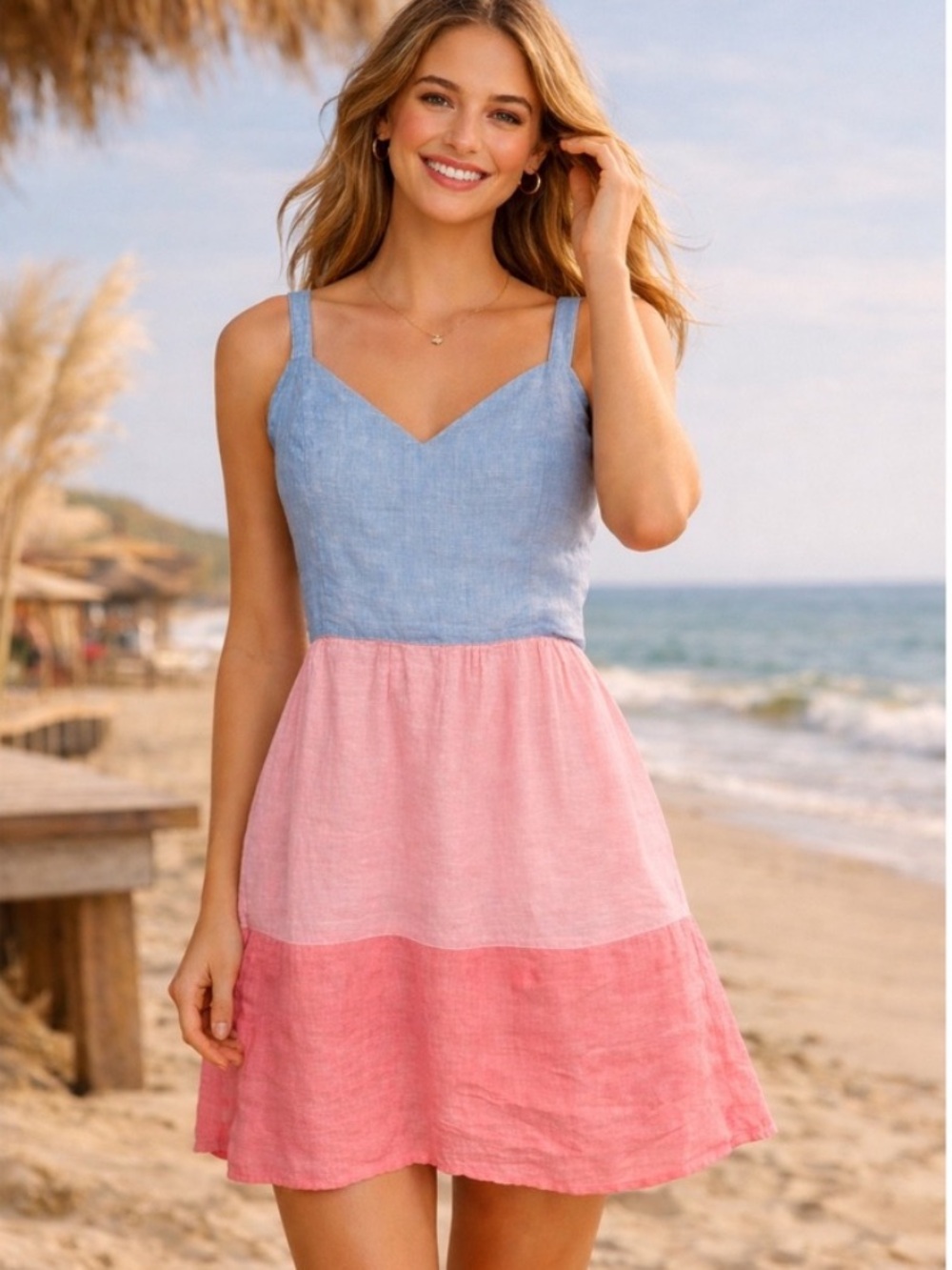 {Cynthia Rowley} Linen Color block Sweetheart Sun Dress